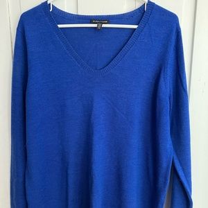 EUC Eileen Fisher Royal Blue V Neck 100% Merino Wool Sweater Size Large